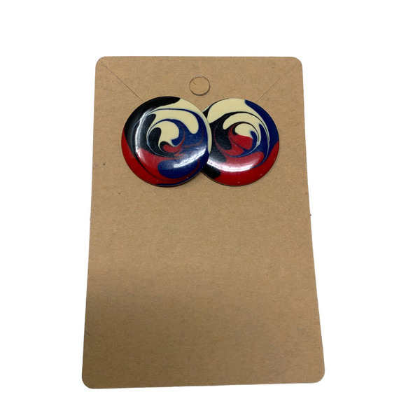 Vintage 1980's Earrings Red White Blue Black Swirled Enamel Unsigned New Wave - Picture 3 of 3